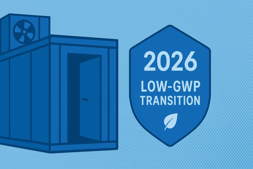 Infographic‑style header showing a Polar King walk‑in cooler and a badge reading ‘2026 Low‑GWP Transition'