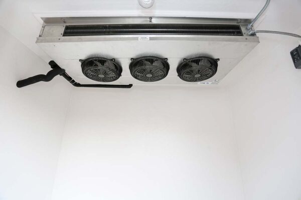 Black fans on a white ceiling of a Polar King commercial freezer unit
