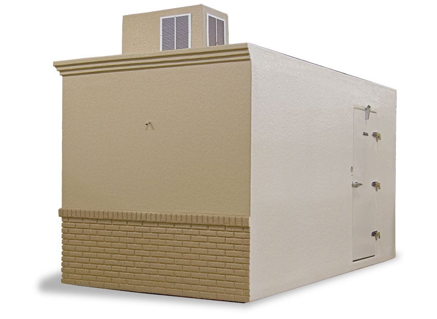 Corner view of brick brown Polar King portable walk-in cooler